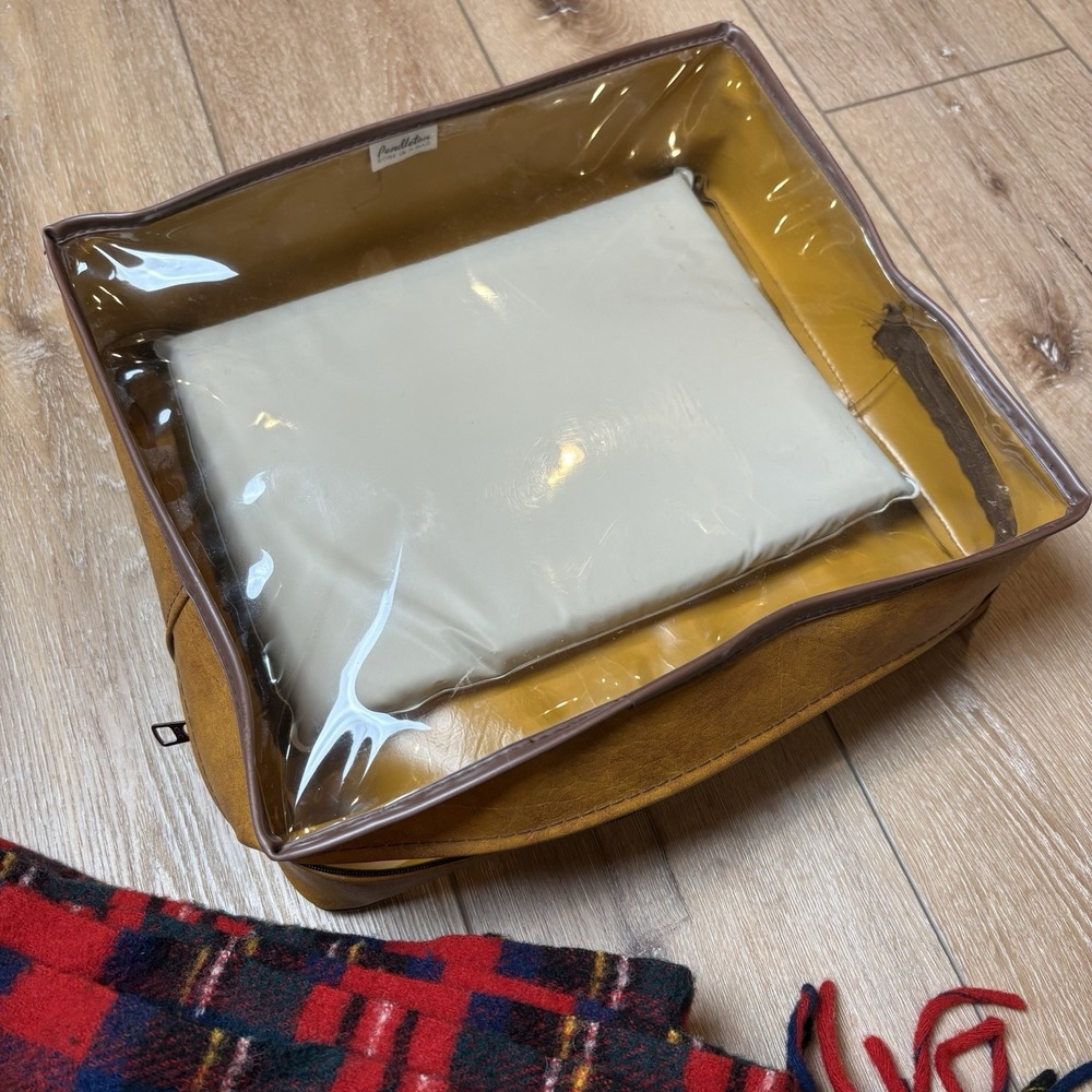 VTG Pendleton Virgin Wool Plaid Stadium Blanket Robe in a Bag Case Seat Cushion - Picture 10 of 15